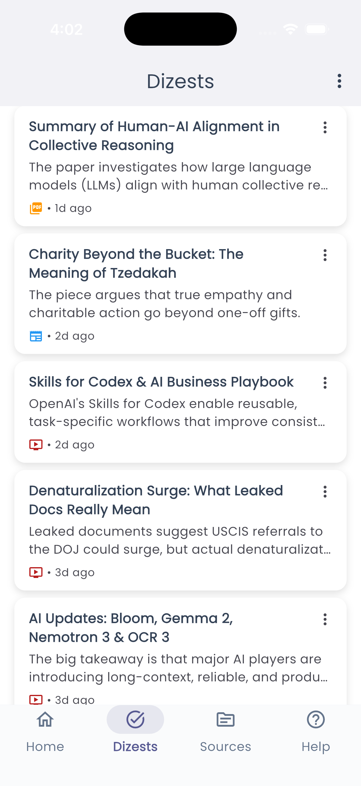 Dizest app showing organized summaries